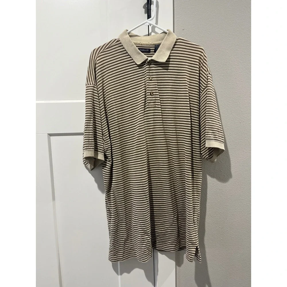 Gant Mens XL Striped Polo Shirt Brown Beige Short Sleeve 100% Cotton Pique - Picture 2 of 4